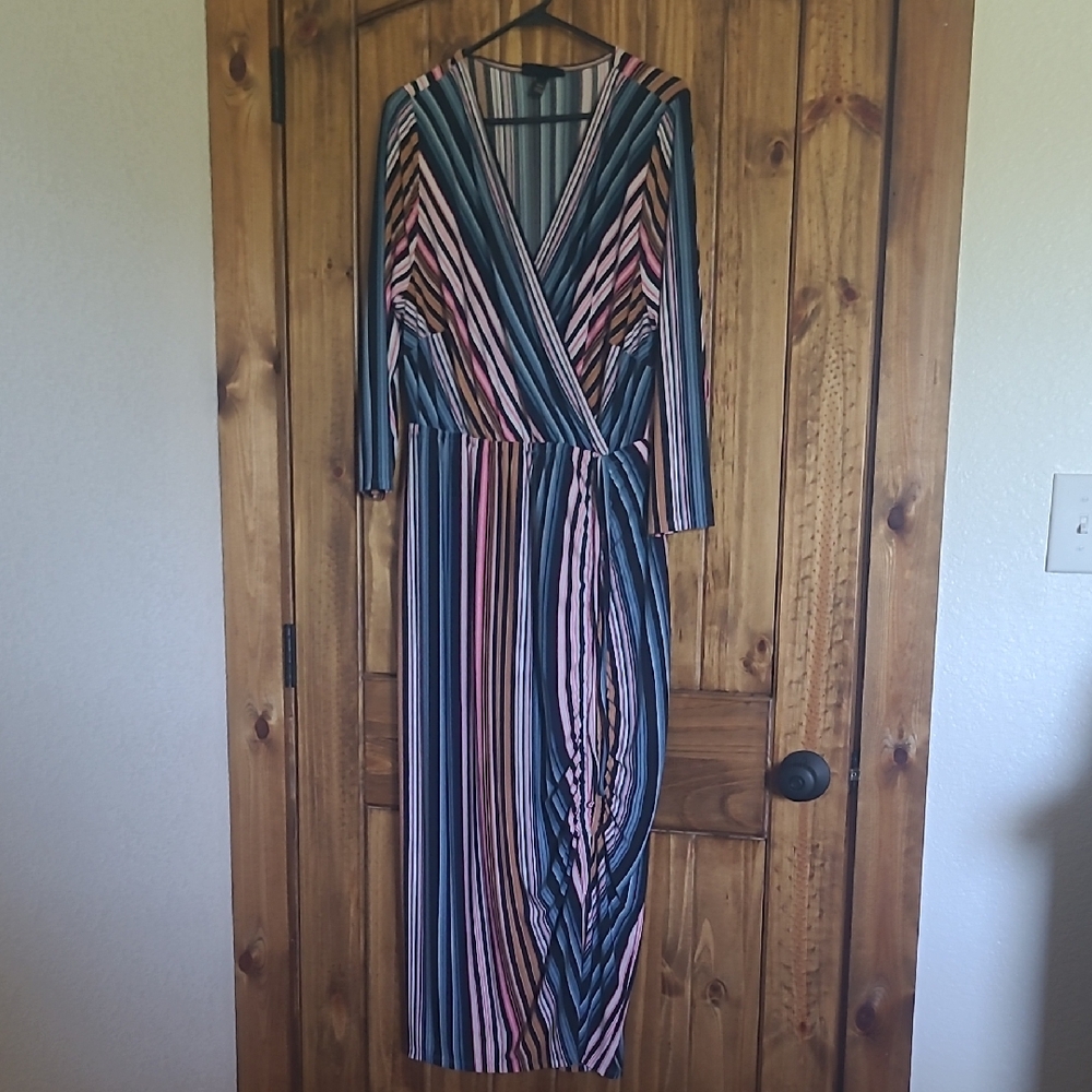 Lane Bryant Striped Wrap Midi Dress in Teal, Pink, Navy and White. Size 14/16